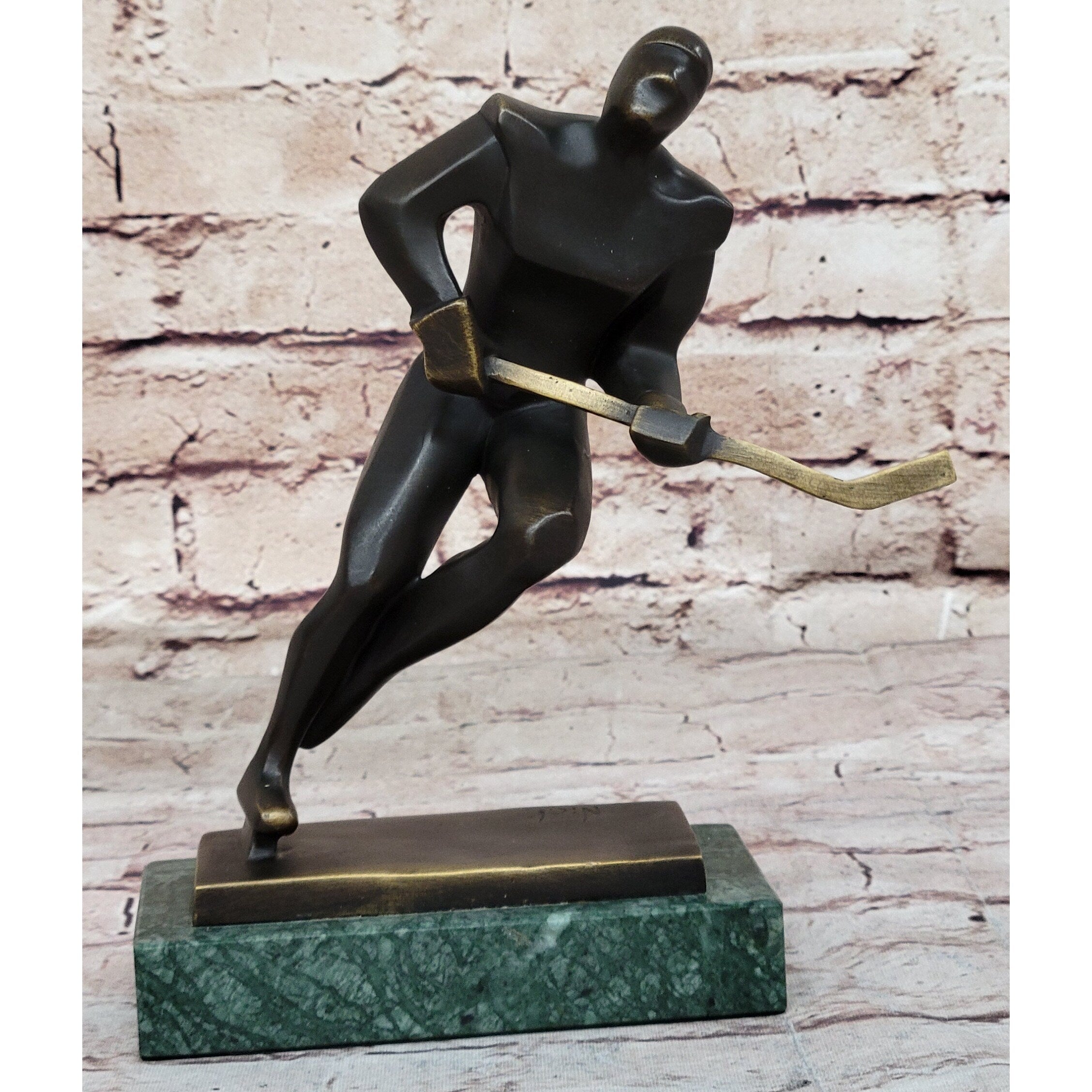 Abstract Hockey Player Bronze Metal Statue Sculpture Trophy On Green Marble Base