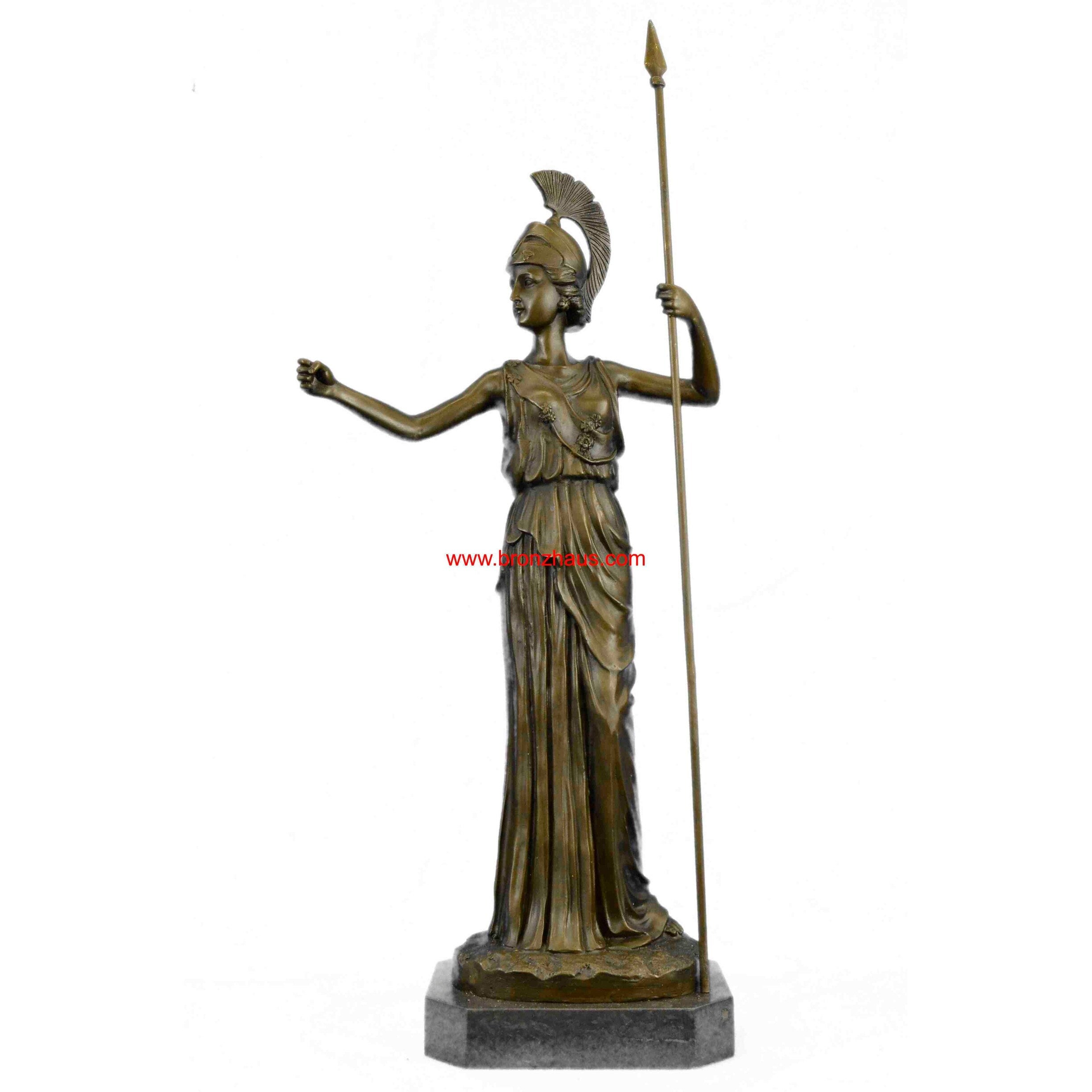 Ancient Greek Bronze Museum Statue Replica Of Athena W/ Spear Shield Figurine